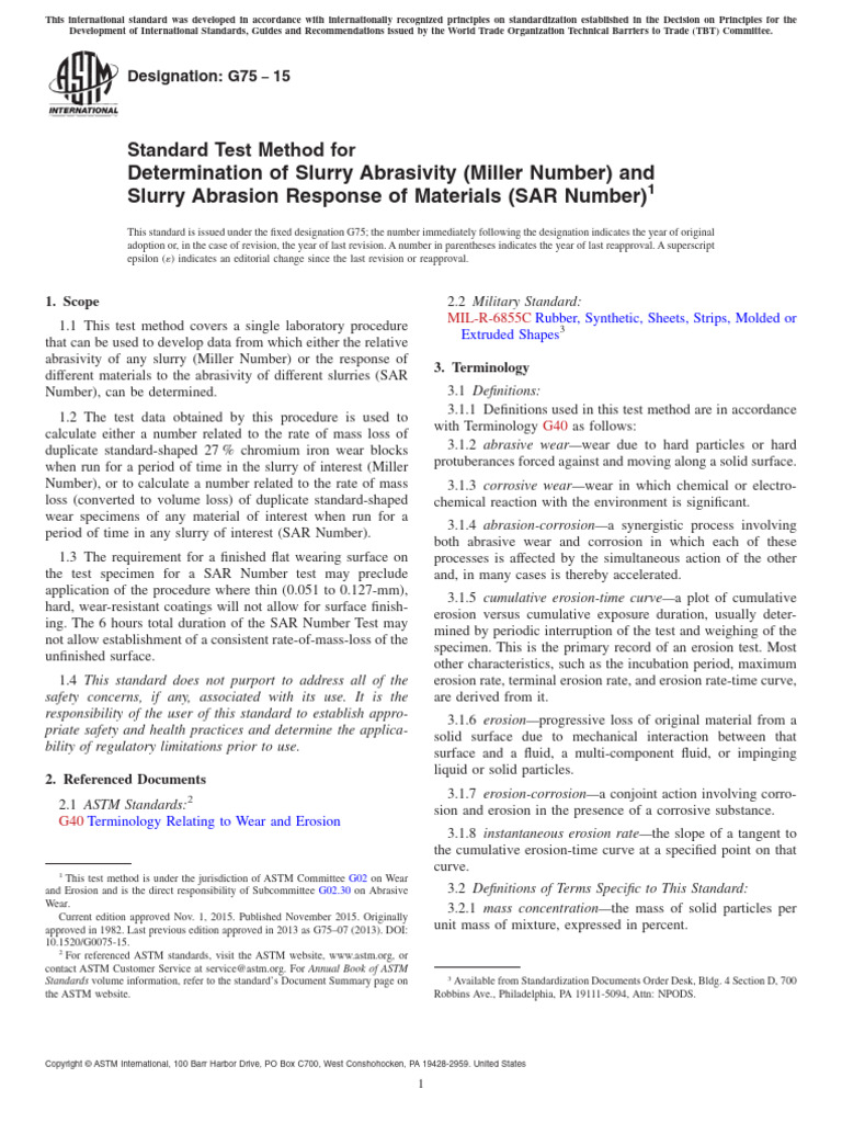 ASTM G75-15: Miller Slurry Test Method | PDF | Wear | Materials