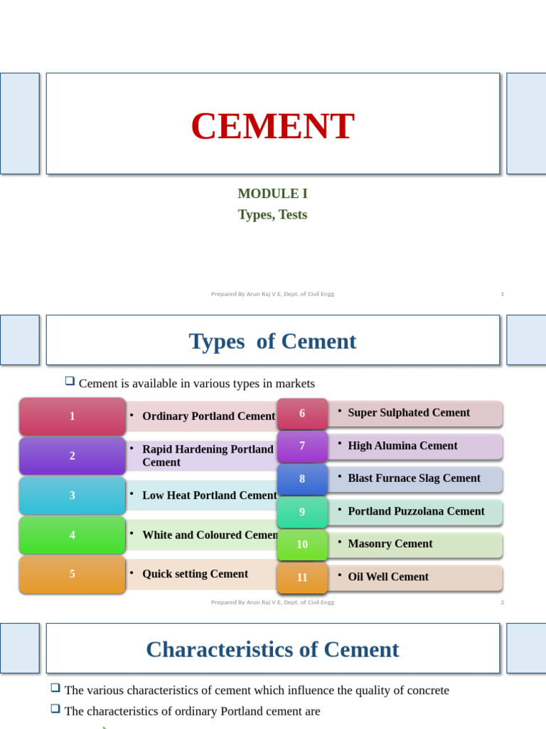 CT Module 1 - Lecture 3 - Cement - Types, Tests | PDF | Concrete | Cement
