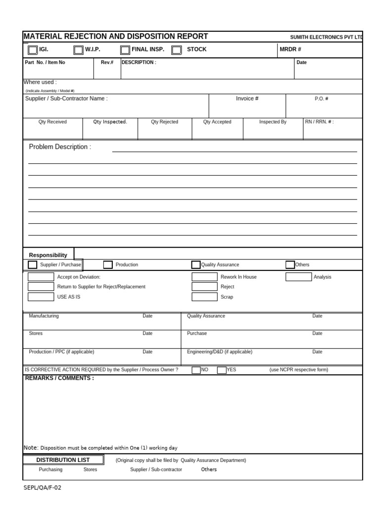Material Rejection and Disposition Report | PDF