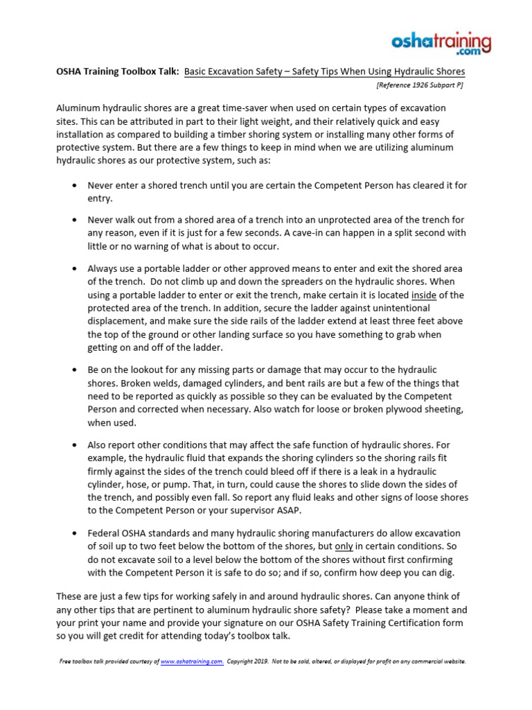Basic Excavation Safety - Safety Tips For Hydraulic Shores | PDF