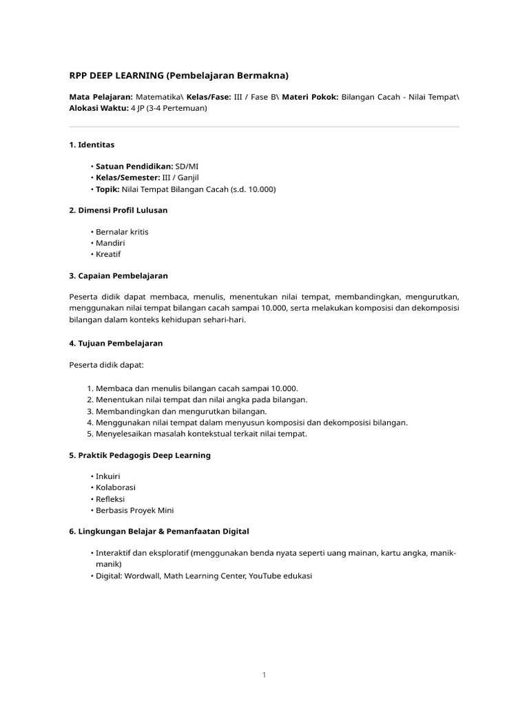 RPP Deep Learning Matematika Kelas 3 | PDF