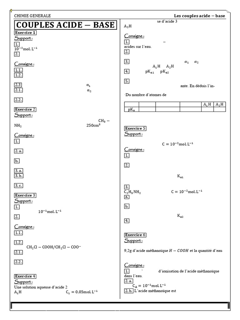 Couplés Acide-Base : Exercices de Chimie | PDF | Ph | Acide