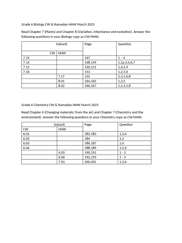 Grade 6 Bio & Chem CW & HHW March 2025 | PDF