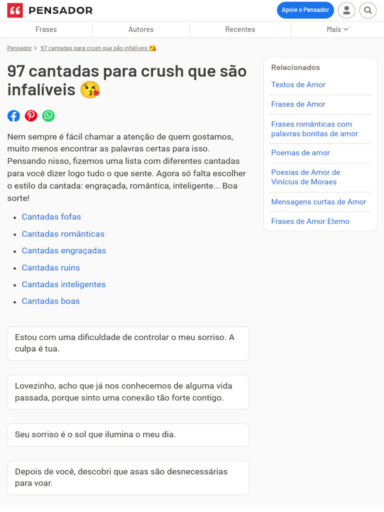 97 Cantadas para Crush Que São Infalíveis ? - Pensador | PDF | Amor ...