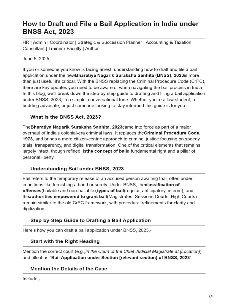 Drafting Bail Applications under BNSS | PDF | Bail | Arrest
