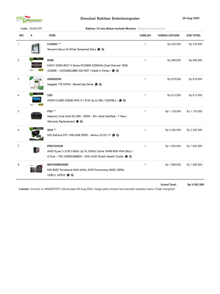 Simulasi Rakitan PC 10 Juta 2020 | PDF | Integrated Circuit | Computer ...
