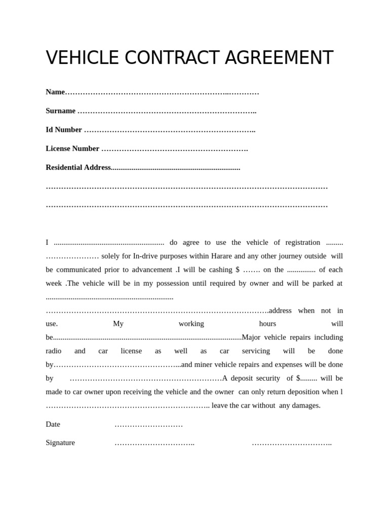 Vehicle Use Agreement for Harare | PDF