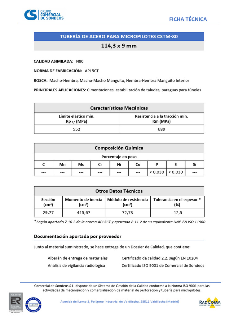 FICHAS TÉCNICAS CSTM-80 114.3x9 | PDF
