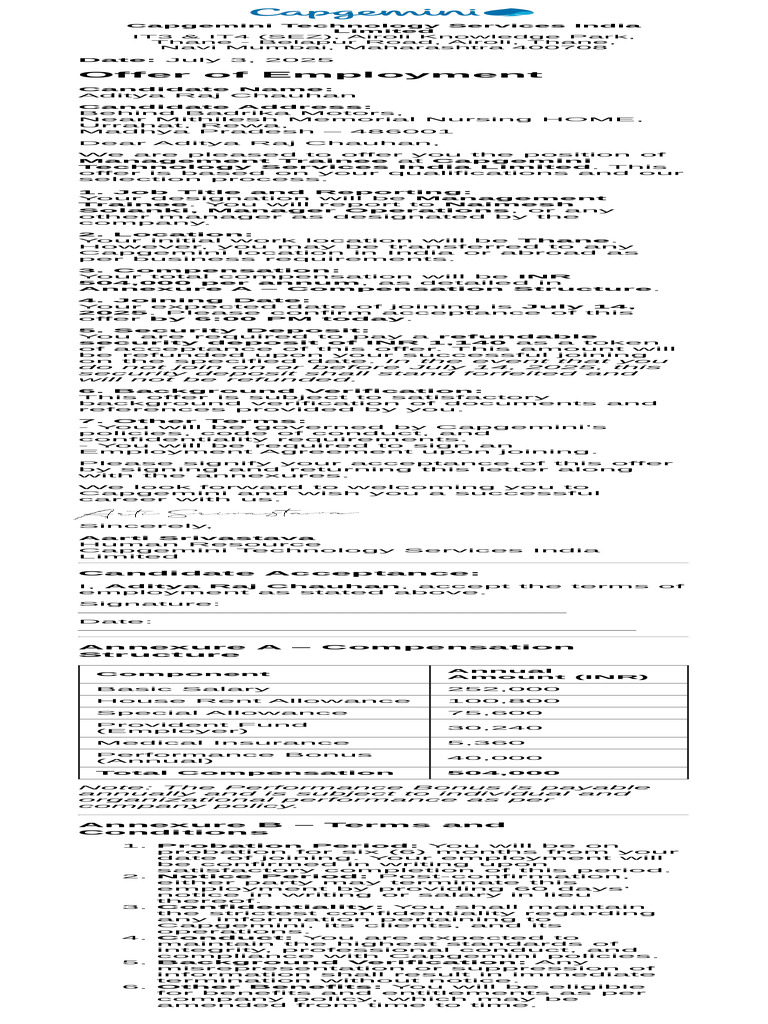 Capgemini Offer Letter for Aditya Chauhan | PDF | Employment | Labor
