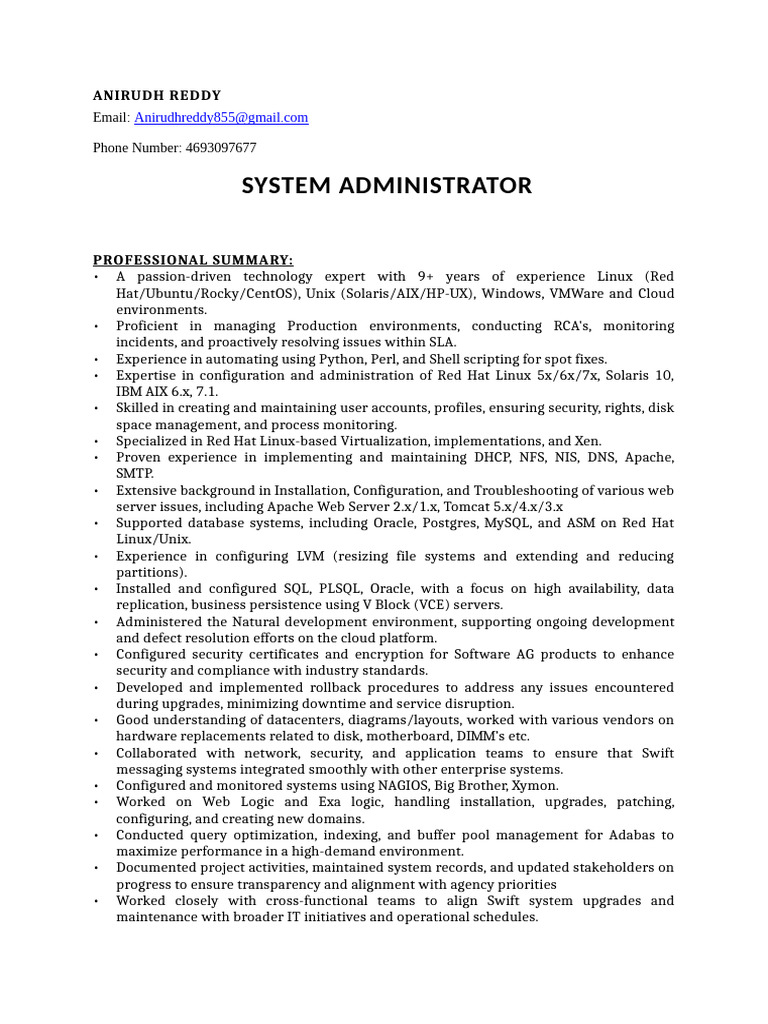 Experienced System Administrator Resume | PDF | Open Stack | Linux