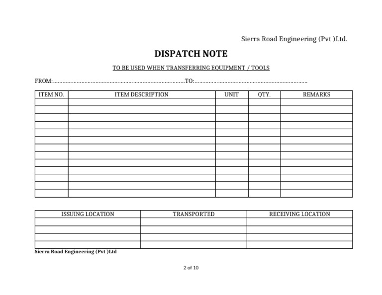 Dispatch Note for Equipment Transfer | PDF