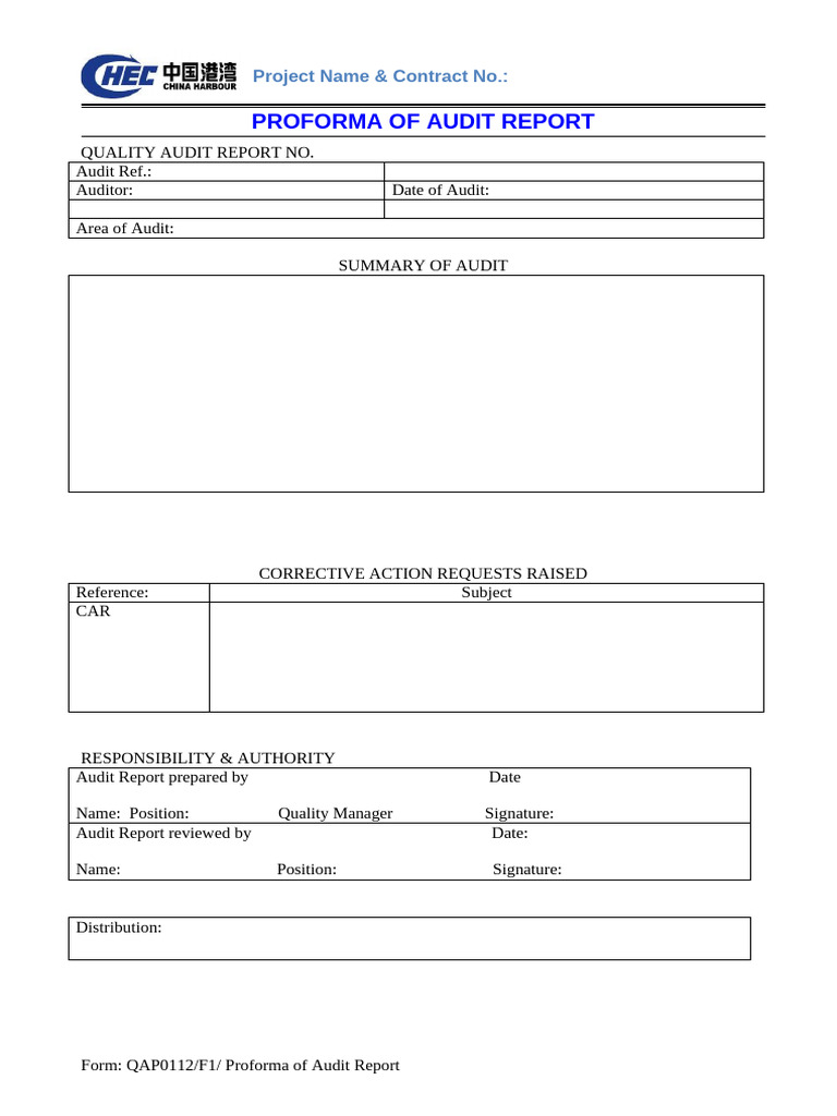 Quality Audit Report Proforma Template | PDF