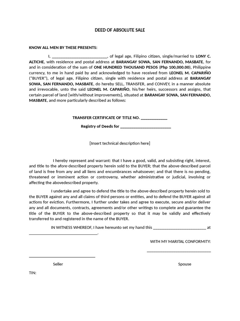 Deed of Absolute Sale Template | PDF | Deed | Justice