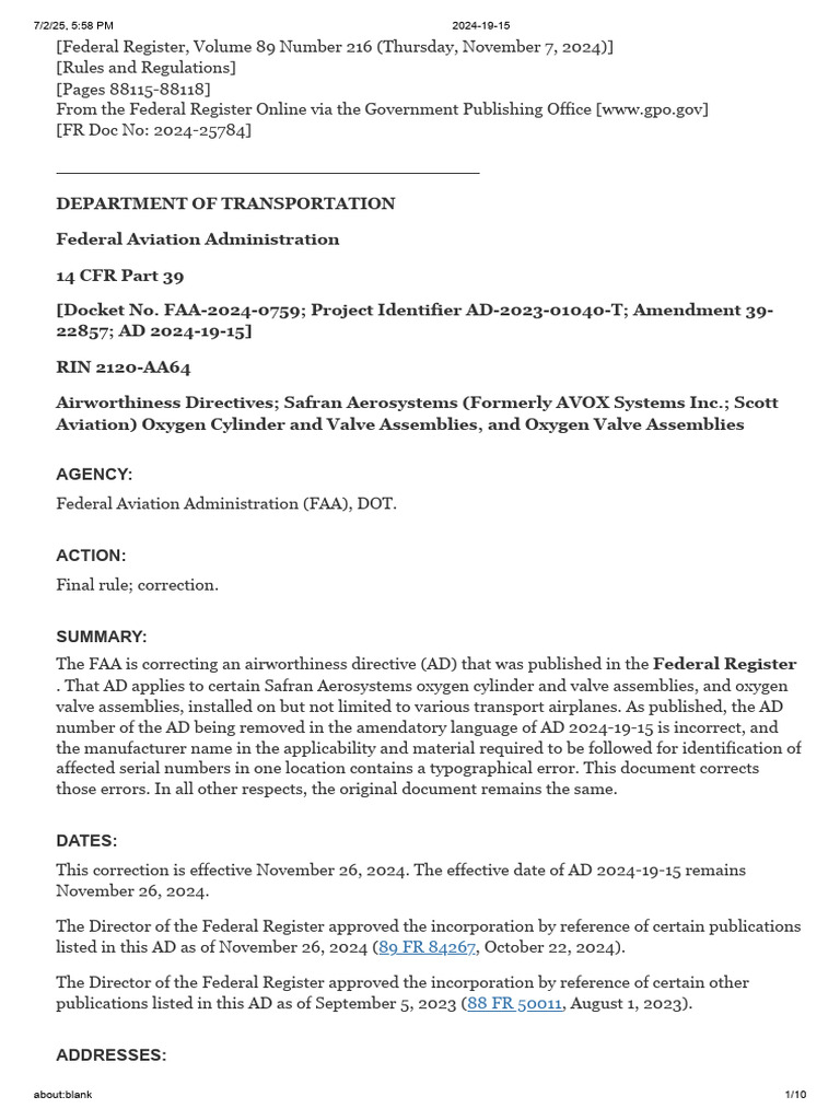 Correction to AD 2024-19-15 | PDF | Federal Aviation Administration ...