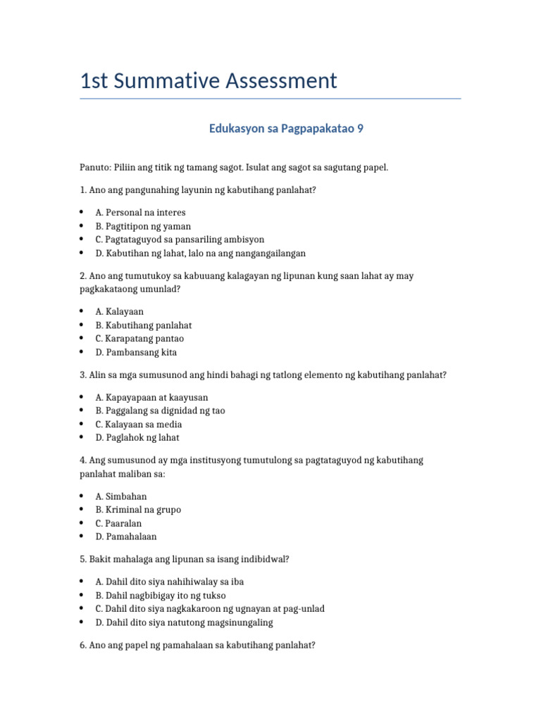 Summative Assessment EsP9 Kabutihang Panlahat | PDF