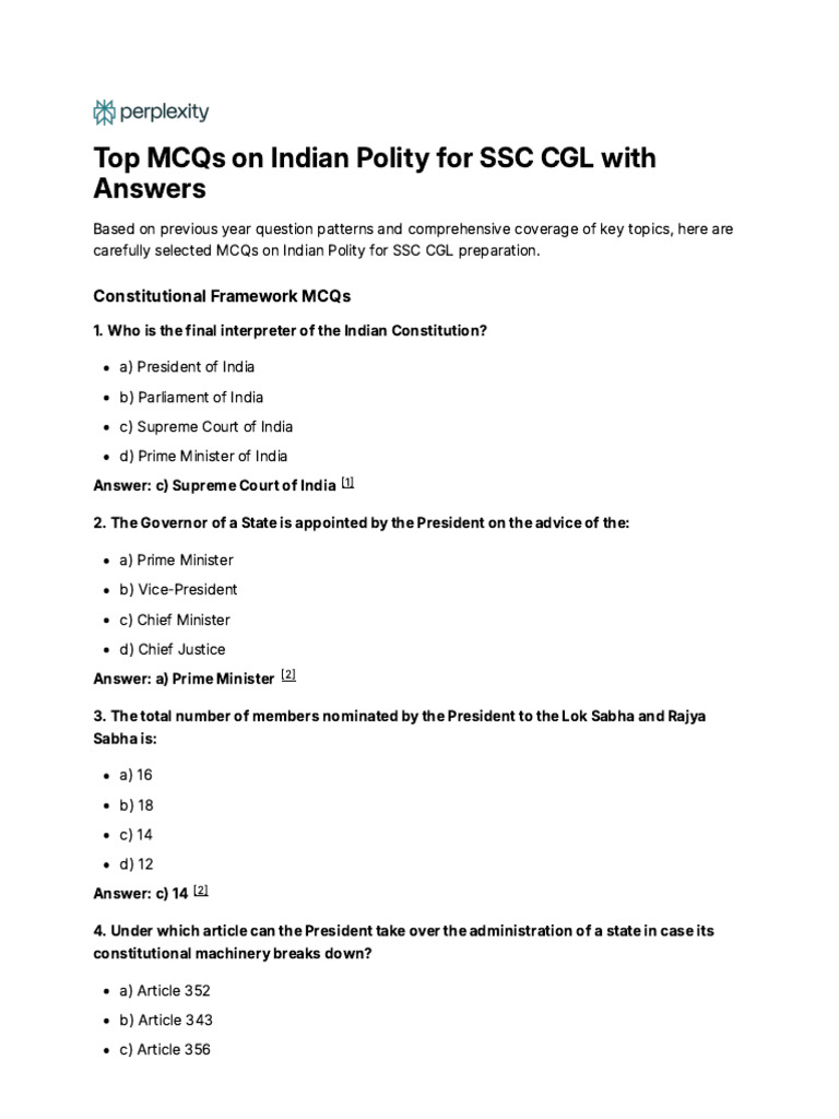 MCQs on Indian Polity for SSC CGL | PDF | Political Charters ...