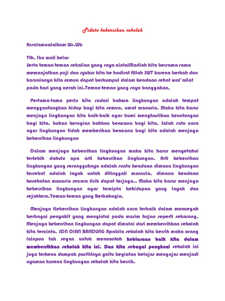 Contoh Pidato Kebersihan Sekolah