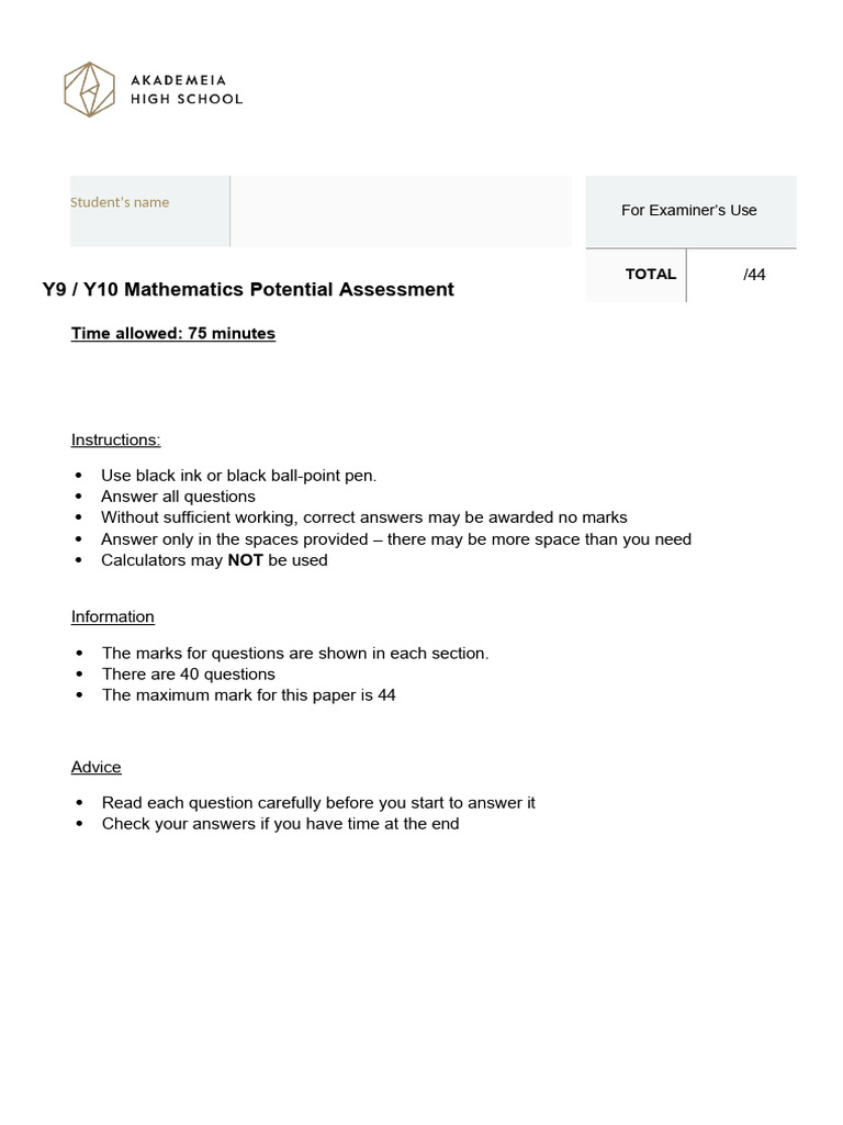 Y9/Y10 Mathematics Assessment Paper | PDF | Area | Equations