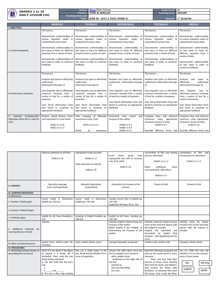 Grade 6 English Daily Lesson Plan | PDF | Semantics | English Language