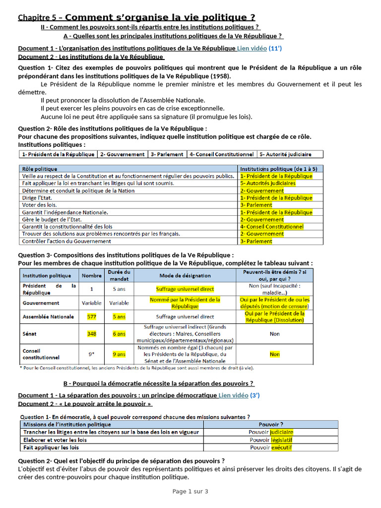 Institutions et pouvoirs de la Ve République | PDF | Séparation des ...