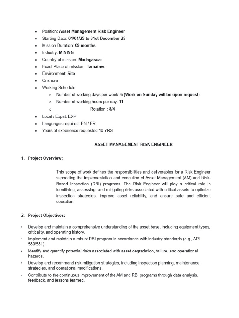 Asset Management Risk Engineer Role in Madagascar | PDF | Risk ...