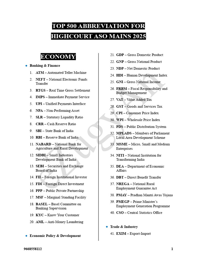 Top 500 Abbreviations for ASO Mains 2025 | PDF | Random Access Memory ...