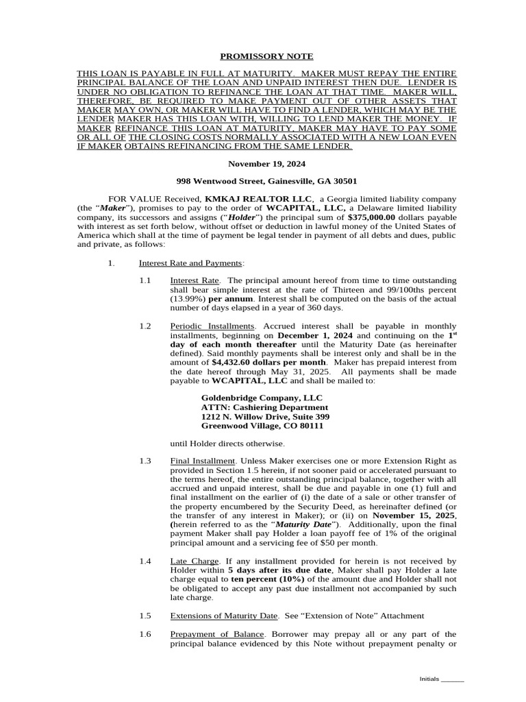 Promissory Note for $375,000 Loan | PDF | Refinancing | Loans