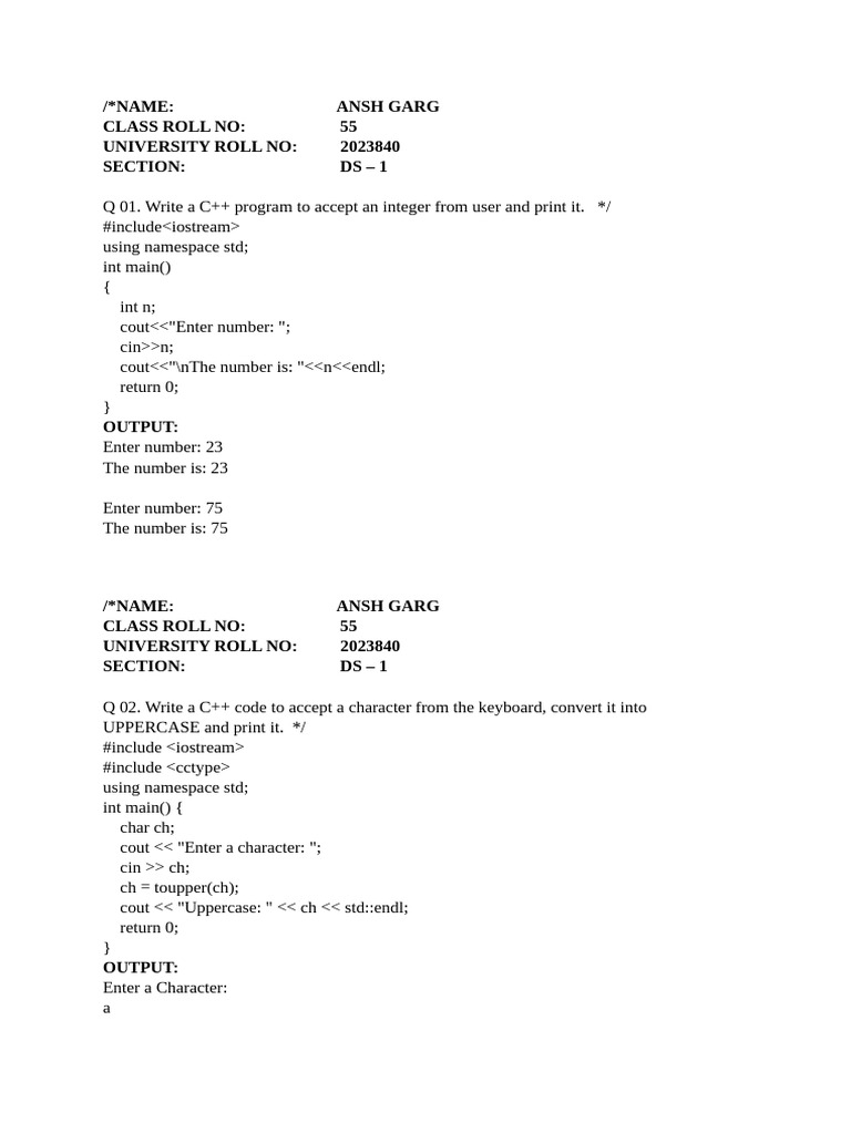 C++ Programs for Basic String and Number Operations | PDF | Namespace ...