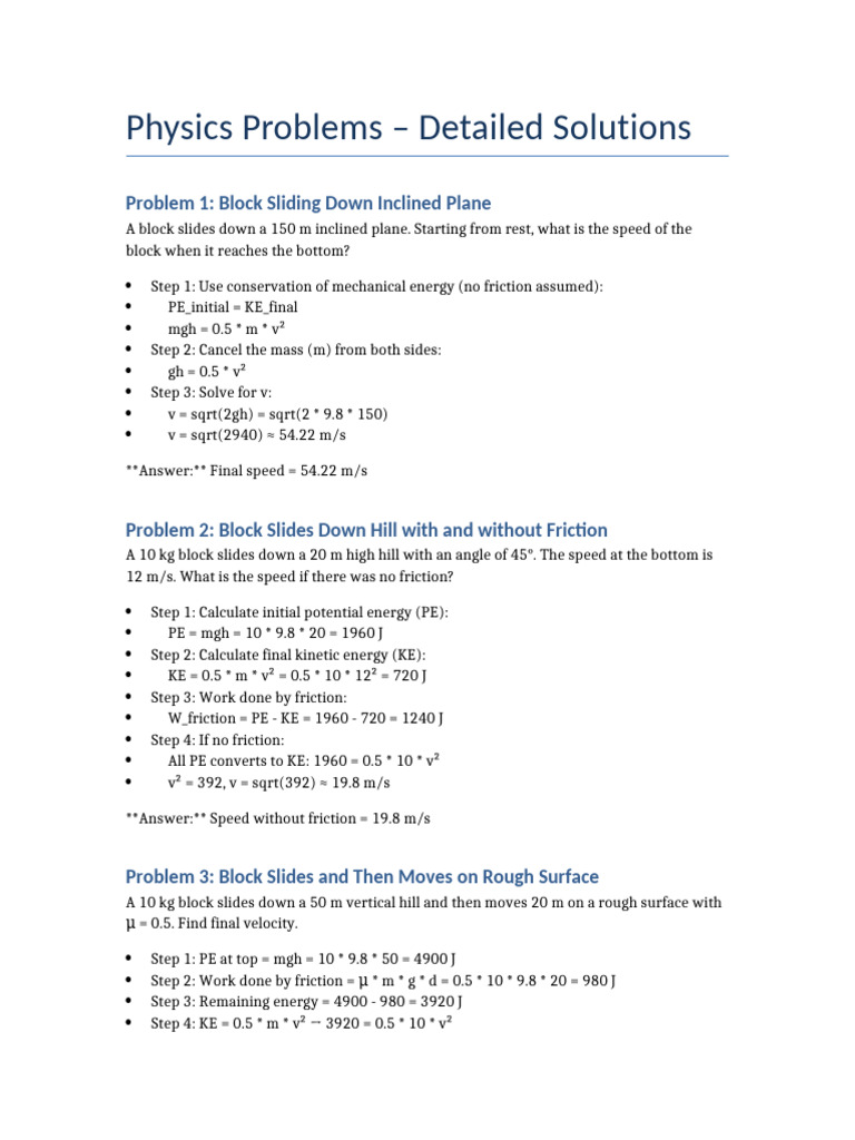 Physics Problems All Solutions | PDF | Friction | Kinetic Energy