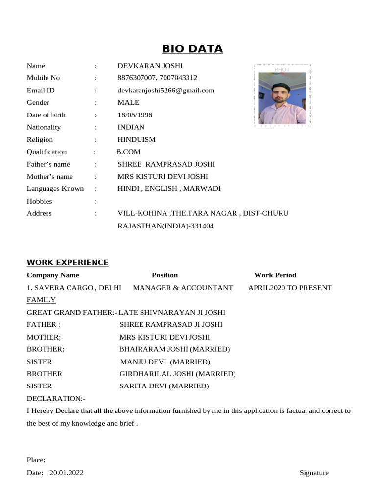 Bio Data of Devkaran Joshi | PDF
