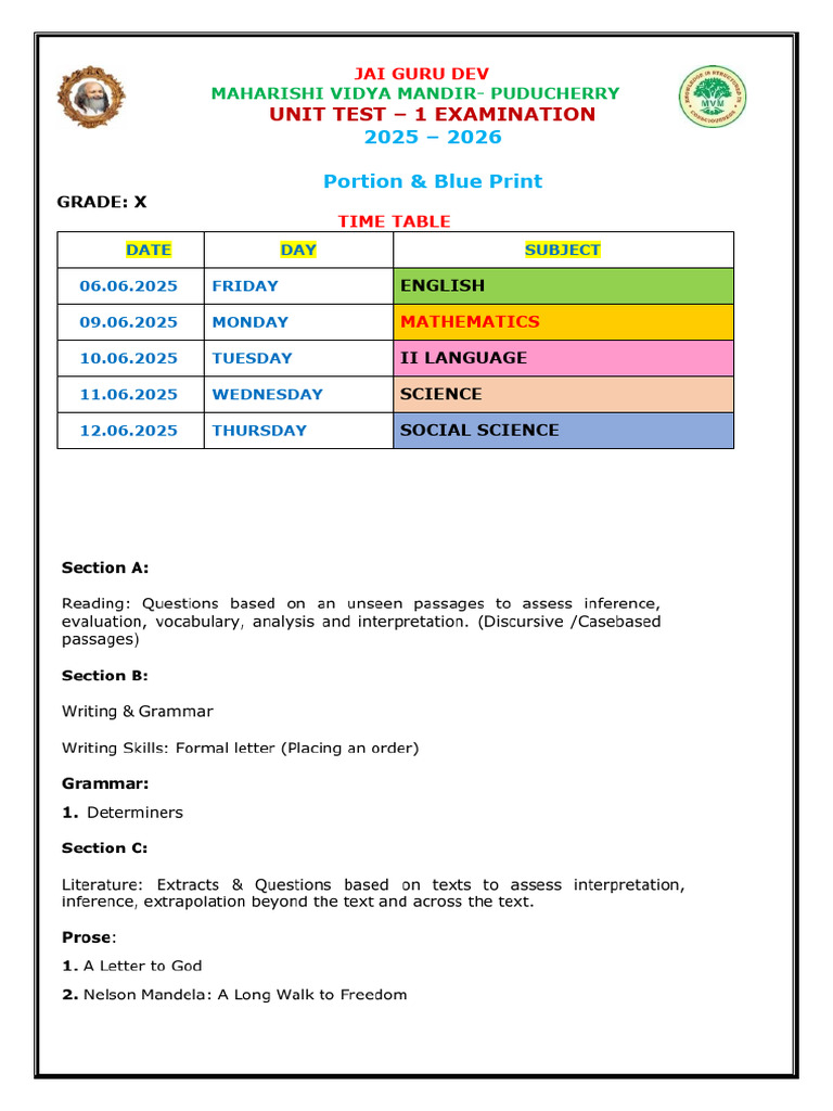 Grade X UNIT TEST-1 | PDF