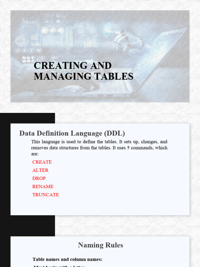 Table Management and Syntax Guide | PDF | Table (Database) | Sql