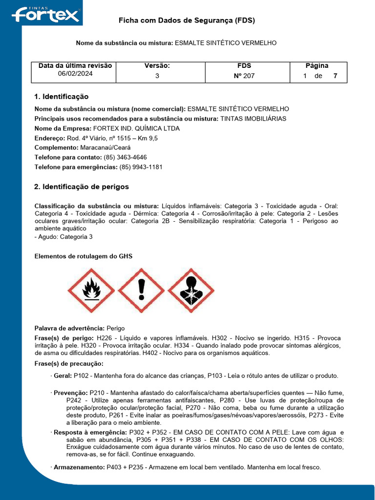 Ficha de Segurança: Esmalte Sintético Vermelho | PDF | Desperdício | Tinta
