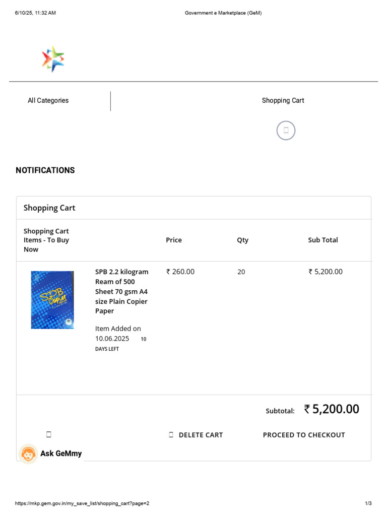 GeM Shopping Cart: Copier Paper Order | PDF