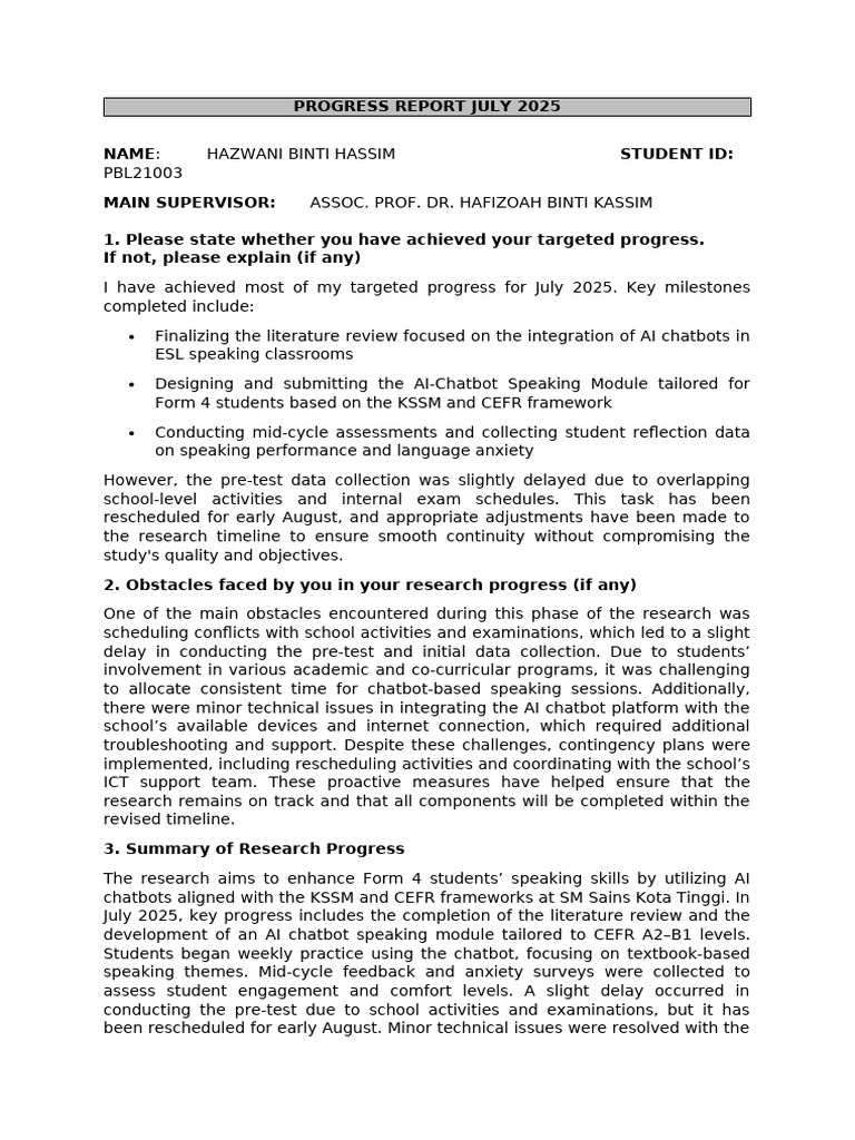 July 2025 Progress Report on AI Chatbots in ESL | PDF | Educational ...