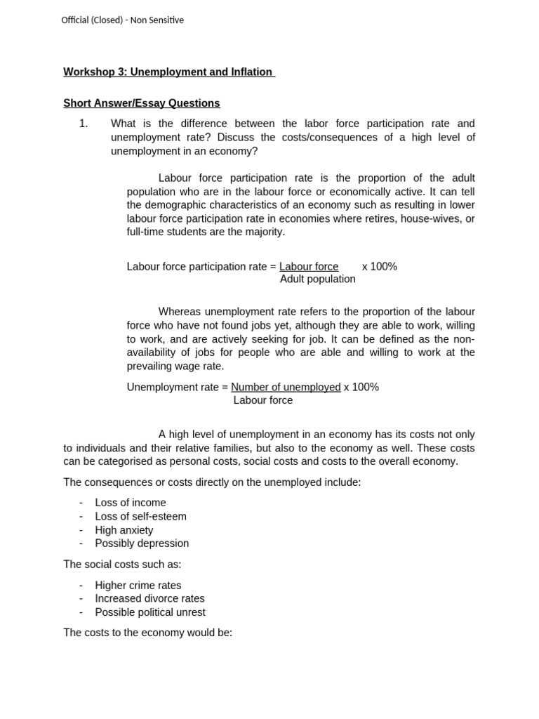 Workshop 3 Unemployment and Inflation | PDF | Unemployment | Labour ...