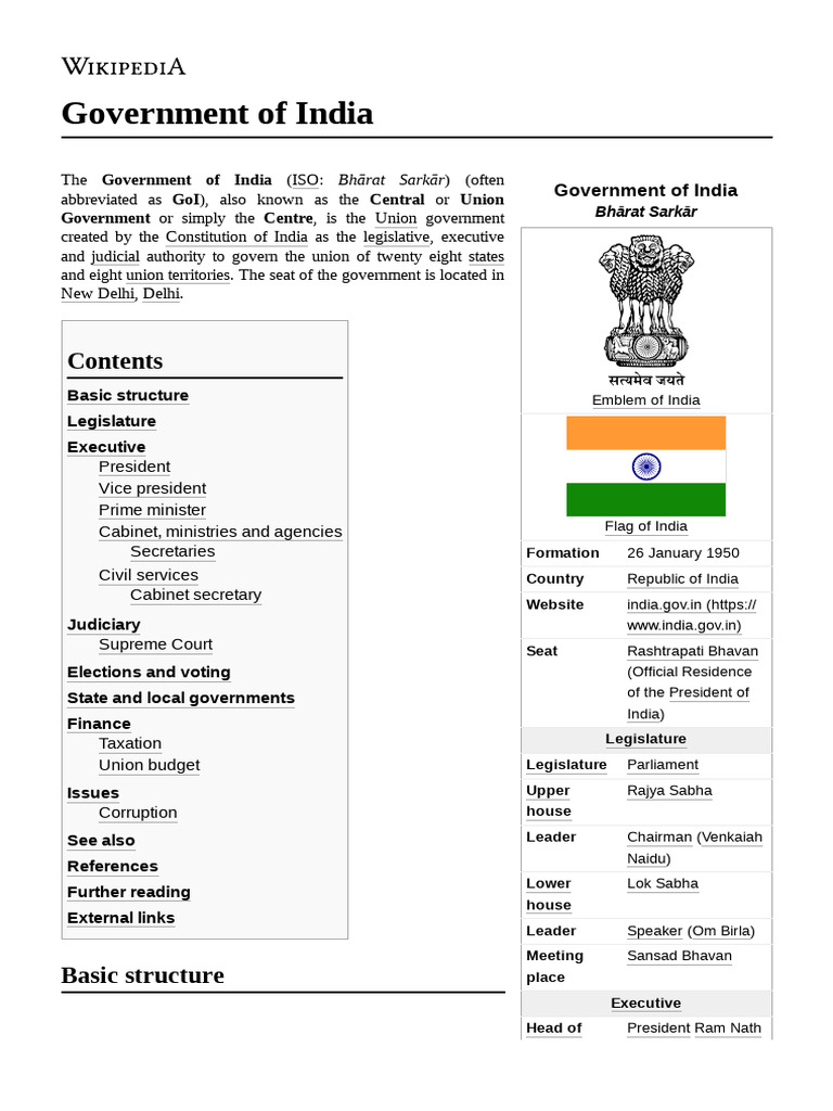 Overview of India's Government Structure | PDF | Government Of India ...