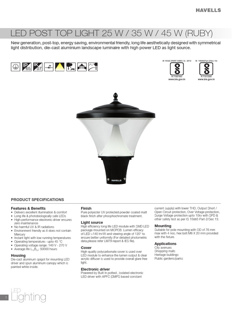 Havells Ruby Post Top LED Lights | PDF | Light Emitting Diode | Lighting
