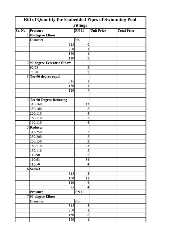 Swimming Pool Pipe Fittings Bill of Quantity | PDF | Equipment | Machines
