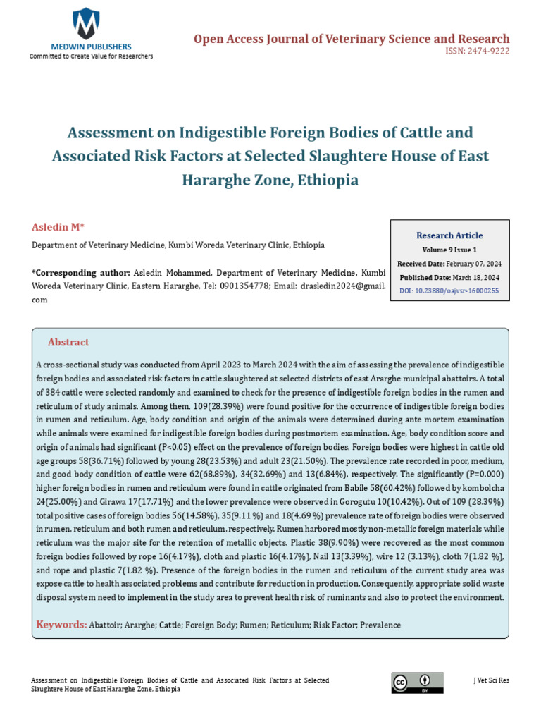 Assessment On Indigestible Foreign Bodies of Cattle and Associated Risk ...