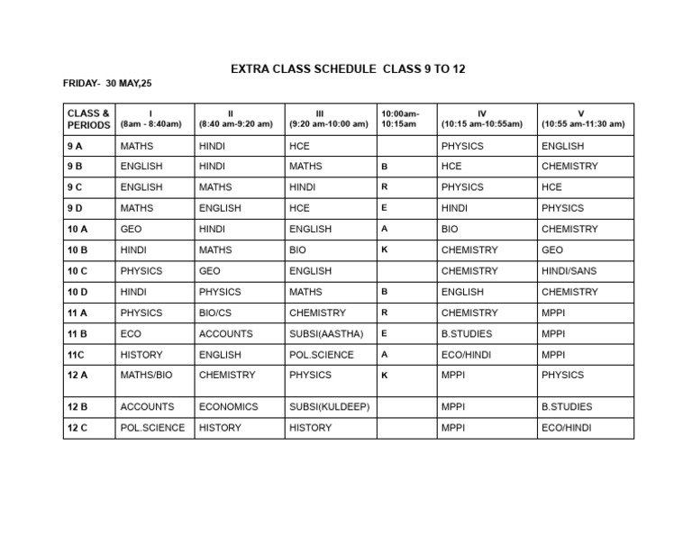 Fri Extra Class Schedule Class 9 To 12 | PDF