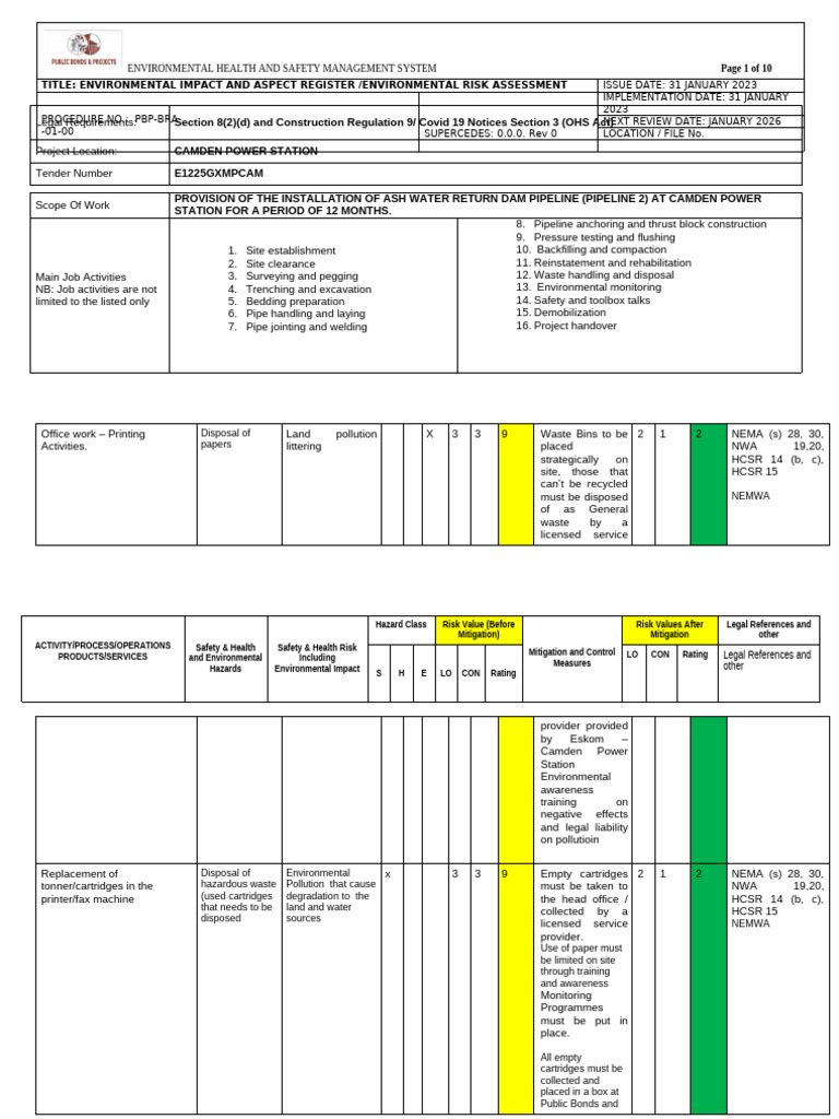 Environmental Impact Register Sample | PDF | Risk | Hazards