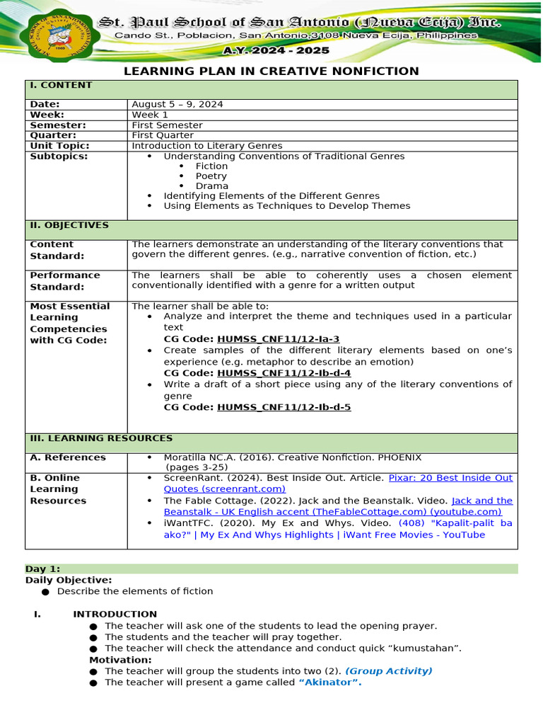 Creative Nonfiction Learning Plan | PDF | Genre | Poetry