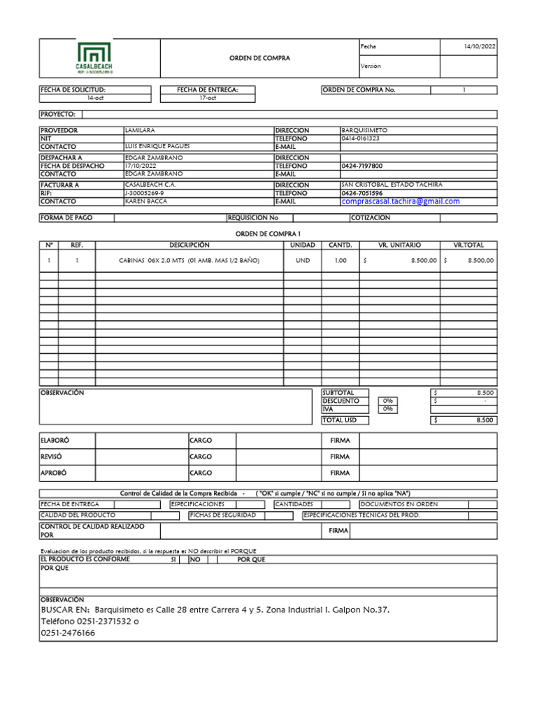 Orden de Compra Cabina para Oficina Con Baño | PDF