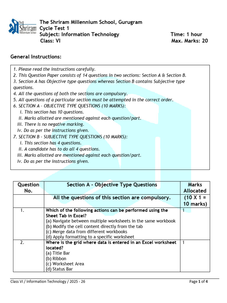 Class VI IT Cycle Test 2025-26 | PDF | Microsoft Excel | Chess Theory