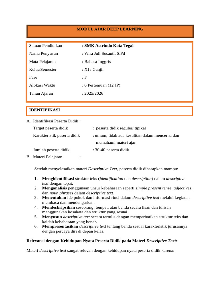 Modul Descriptive Text Kelas 11 | PDF