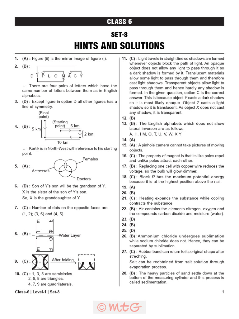 Class 6 Level 1 Set 8 Solutions | PDF | Shadow | Atmosphere Of Earth