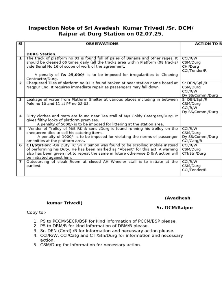 Inspection Note of Sri Avadesh Kumar Trivedi /sr. DCM/ Raipur at Durg ...