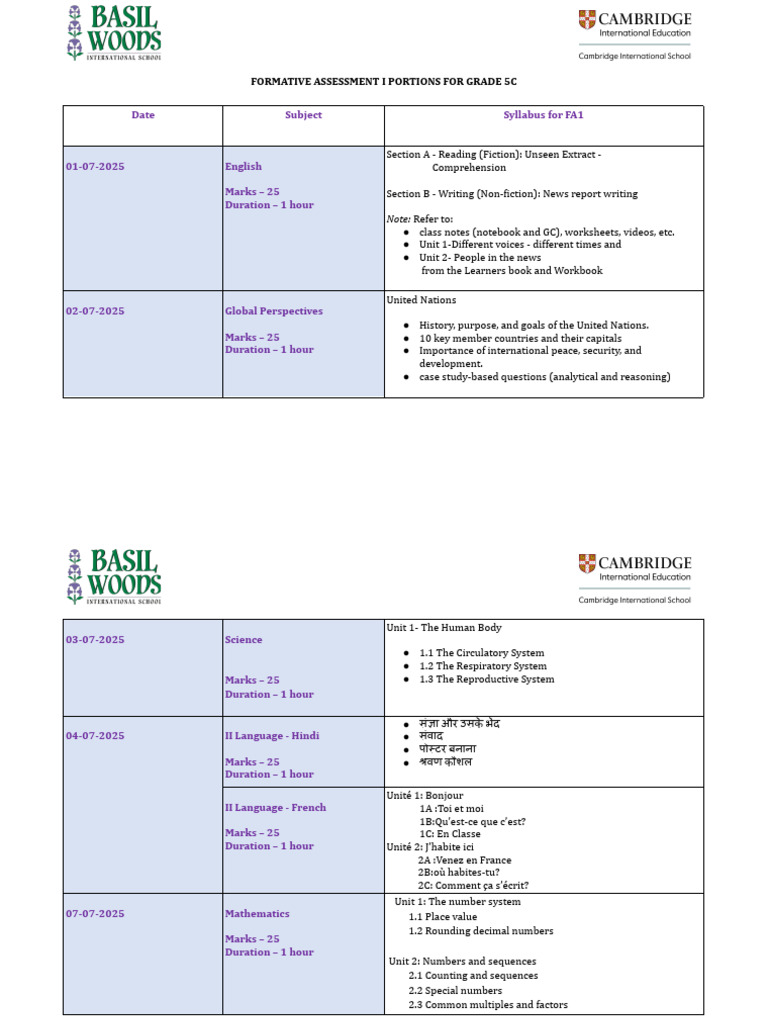 FA1 Syllabus for Grade 5C (2025-26) | PDF