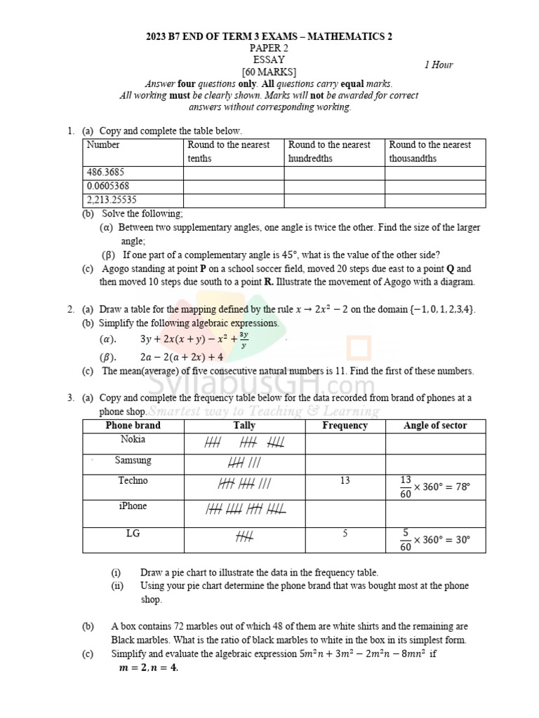 2023 B7 End of Term 3 Exams - Maths 2 | PDF | Mathematics | Geometry